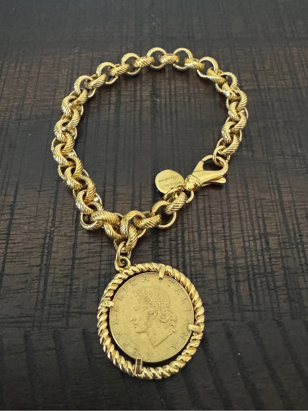 Dyadema Bronze Italy 1976 20 Lire Coin Bracelet Gold Tone Chunky